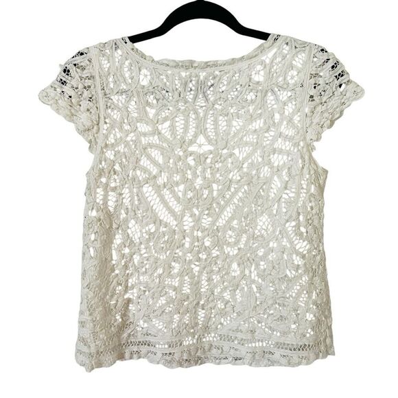 Anne Carson Linen Blend‎ Blouse Top Womens 6 White Battenburg Lace Cap Sleeve - Picture 2 of 8